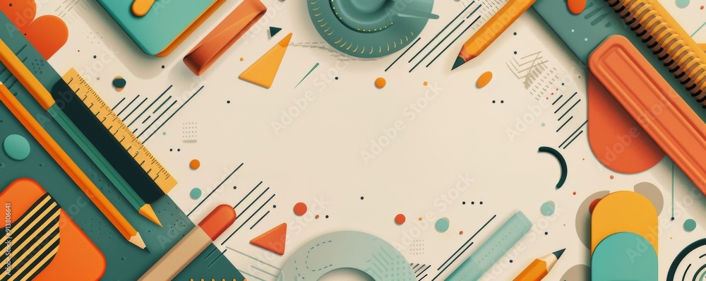 High-resolution abstract poster with geometric shapes in green, orange, and beige tones High-resolution abstract poster with geometric shapes in green, orange, and beige tones