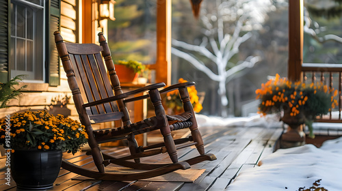 Wooden Rocking Chair on Porch with Snow