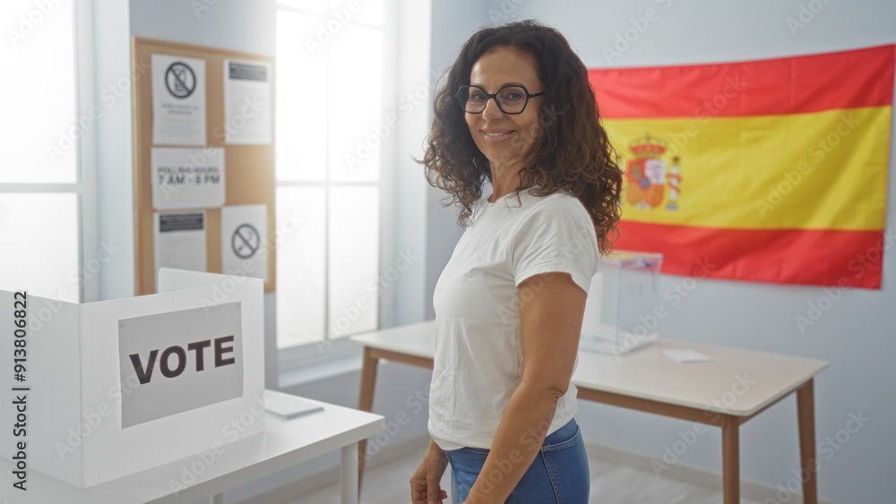 Woman voting in an indoor polling station with a spanish flag in the background Woman voting in an indoor polling station with a spanish flag in the background