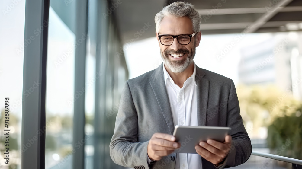 A smiling businessman in his forties holding an iPad, dressed smartly and wearing glasses with gray hair, stands on the balcony of a modern office space. A smiling businessman in his forties holding an iPad, dressed smartly and wearing glasses with gray hair, stands on the balcony of a modern office space.