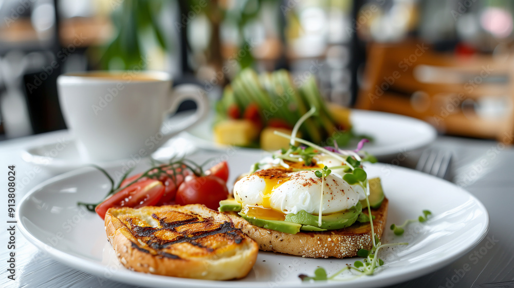 a typical Australian breakfast, including avocado toast with poached eggs, a side of grilled halloumi, and a flat white coffee, served on a white plate with a modern, airy café setting a typical Australian breakfast, including avocado toast with poached eggs, a side of grilled halloumi, and a flat white coffee, served on a white plate with a modern, airy café setting