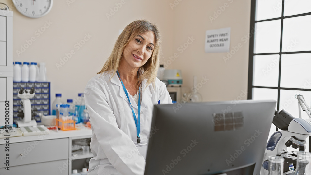 A confident caucasian woman in a lab coat smiles at the camera in a bright laboratory with a laptop and microscope A confident caucasian woman in a lab coat smiles at the camera in a bright laboratory with a laptop and microscope