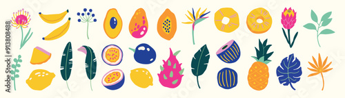 Exotic flowers leaves and fruits hand drawn cute simple jungle illustration collection Modern simple clip art set for children books stationery banners and social media
