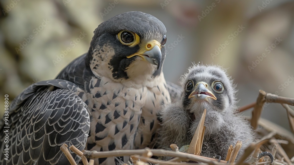 Fototapeta premium A mother falcon watches protectively over her chick in their nest among the treetops.