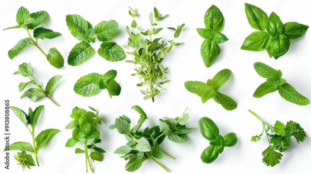 A collection of fresh herbs, including mint, basil, thyme, and cilantro, are arranged on a plain white background. The herbs are all vibrant green and are positioned in a scattered, organic pattern. A collection of fresh herbs, including mint, basil, thyme, and cilantro, are arranged on a plain white background. The herbs are all vibrant green and are positioned in a scattered, organic pattern.