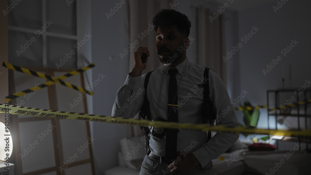 A thoughtful african american man communicates via walkie talkie at a dimly lit crime scene with caution tape in the background. A thoughtful african american man communicates via walkie talkie at a dimly lit crime scene with caution tape in the background.