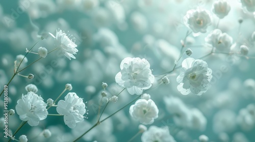  A lush green field dotted with white flowers under a sunny sky and a blue backdrop