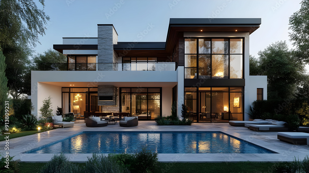 Modern home with pool and lush landscaping. Modern home with pool and lush landscaping.