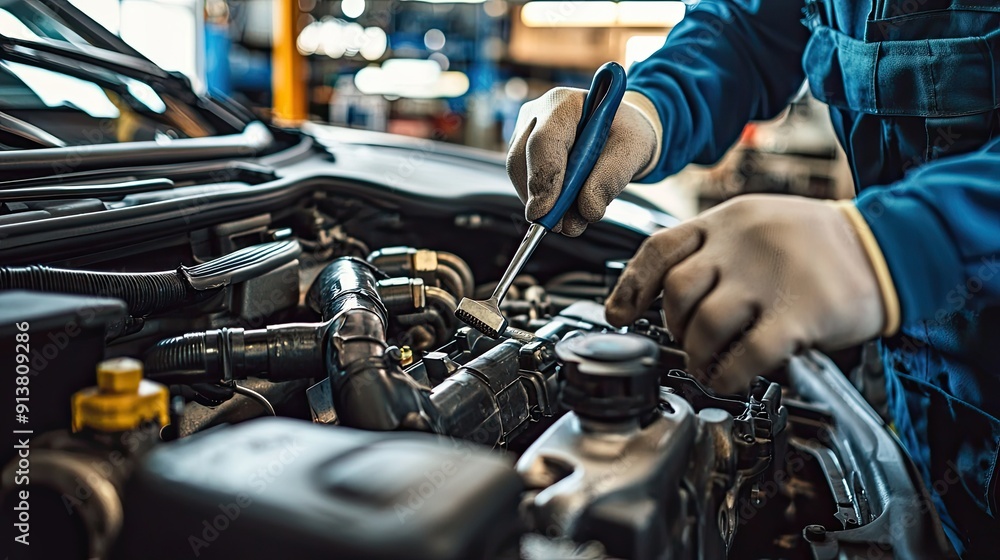 Auto mechanic working in auto repair shop. Car service and maintenance concept Auto mechanic working in auto repair shop. Car service and maintenance concept