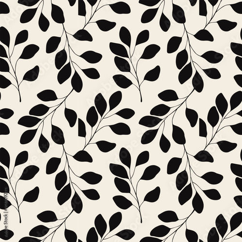 Pattern with dark eucalyptus branches silhouette on pastel background.