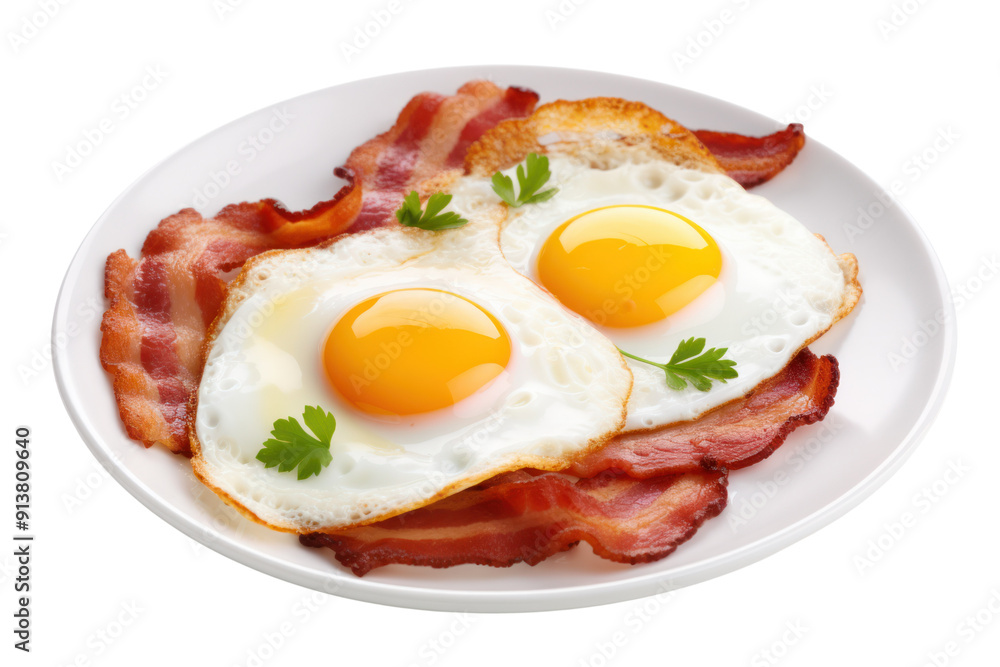 Delicious fried eggs with crispy bacon isolated on white background. Delicious fried eggs with crispy bacon isolated on white background.