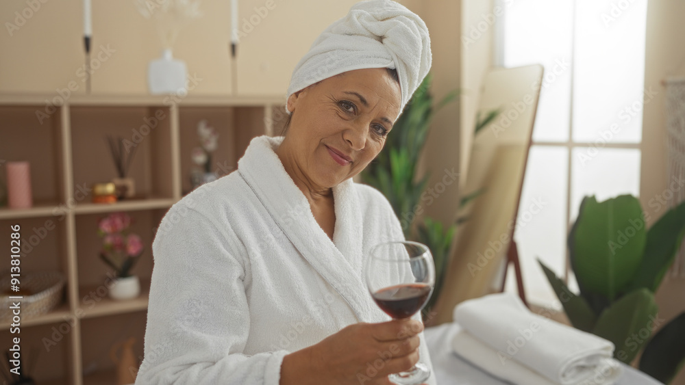 Mature hispanic woman enjoying a glass of wine in a relaxing spa environment with indoor plants and calming decor. Mature hispanic woman enjoying a glass of wine in a relaxing spa environment with indoor plants and calming decor.