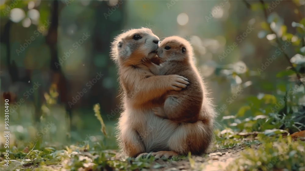 Two prairie dogs share a tender moment, nuzzling each other lovingly in their natural habitat, surrounded by greenery. Two prairie dogs share a tender moment, nuzzling each other lovingly in their natural habitat, surrounded by greenery.