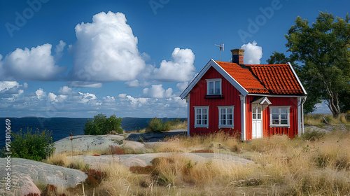 Red Cottage on the Coast with Blue Sky and Clouds Photo