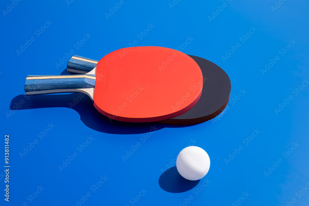 Red and black table tennis paddles with ball on blue background Red and black table tennis paddles with ball on blue background