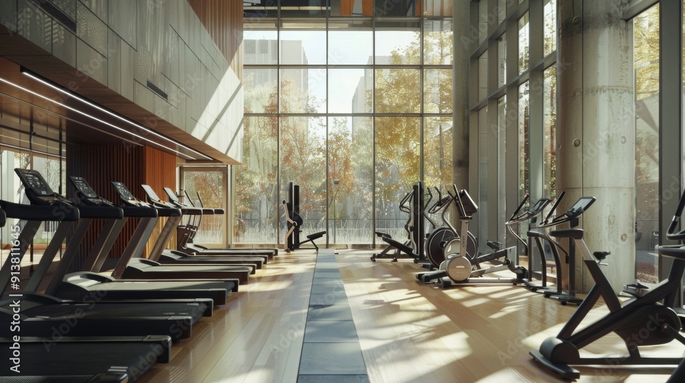 A modern gym featuring various cardio equipment like treadmills and exercise bikes, with large windows letting in natural light A modern gym featuring various cardio equipment like treadmills and exercise bikes, with large windows letting in natural light