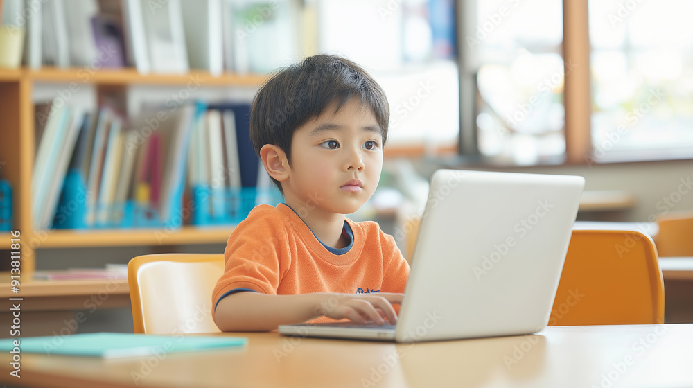 PCの画面を見るアジア人の小学生の男の子 PCの画面を見るアジア人の小学生の男の子