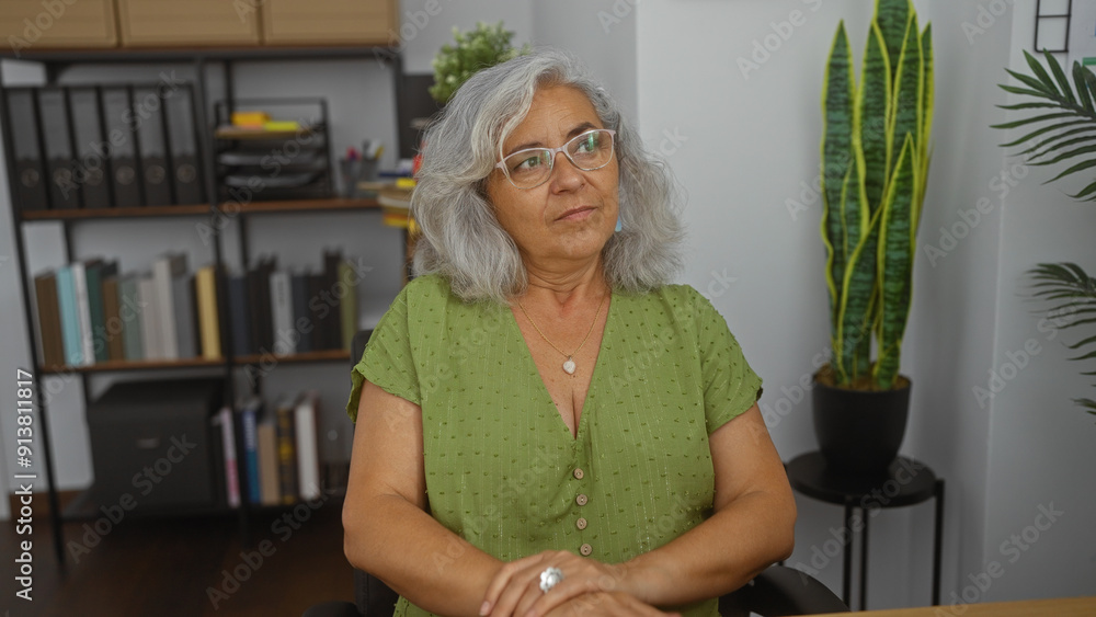Grey-haired woman sitting in an office room with bookshelves and plants in the background. Grey-haired woman sitting in an office room with bookshelves and plants in the background.