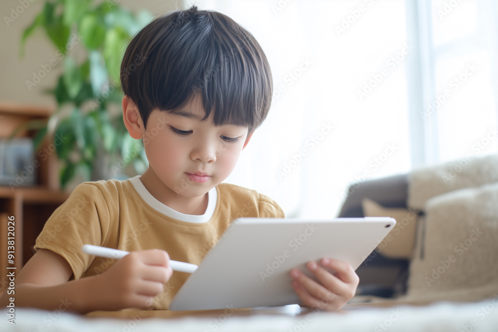 タブレットの画面を見るアジア人の小学生の男の子 自宅学習 タブレットの画面を見るアジア人の小学生の男の子 自宅学習