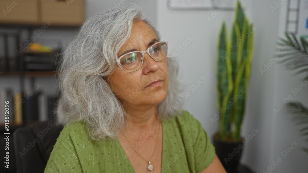 Elderly woman with grey hair and glasses sitting in an office room with plants and bookshelves in the background, looking thoughtful Elderly woman with grey hair and glasses sitting in an office room with plants and bookshelves in the background, looking thoughtful