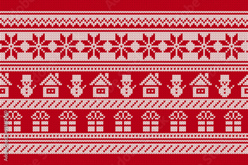 Fair isle ornament with snowflake, snowman, gift box, house. Festive Xmas ugly elements. Christmas knit seamless pattern. Sweater xmas border. Knitted print. Vector illustration