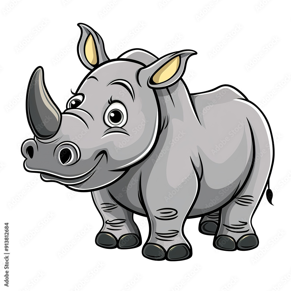 Fototapeta premium Cartoon illustration of a gray rhinoceros with a large horn, generative ai image
