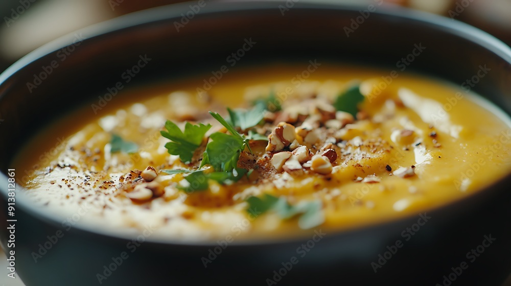 Soupy Food in Middle, Macro Shoot, Pumpkin Soup Soupy Food in Middle, Macro Shoot, Pumpkin Soup