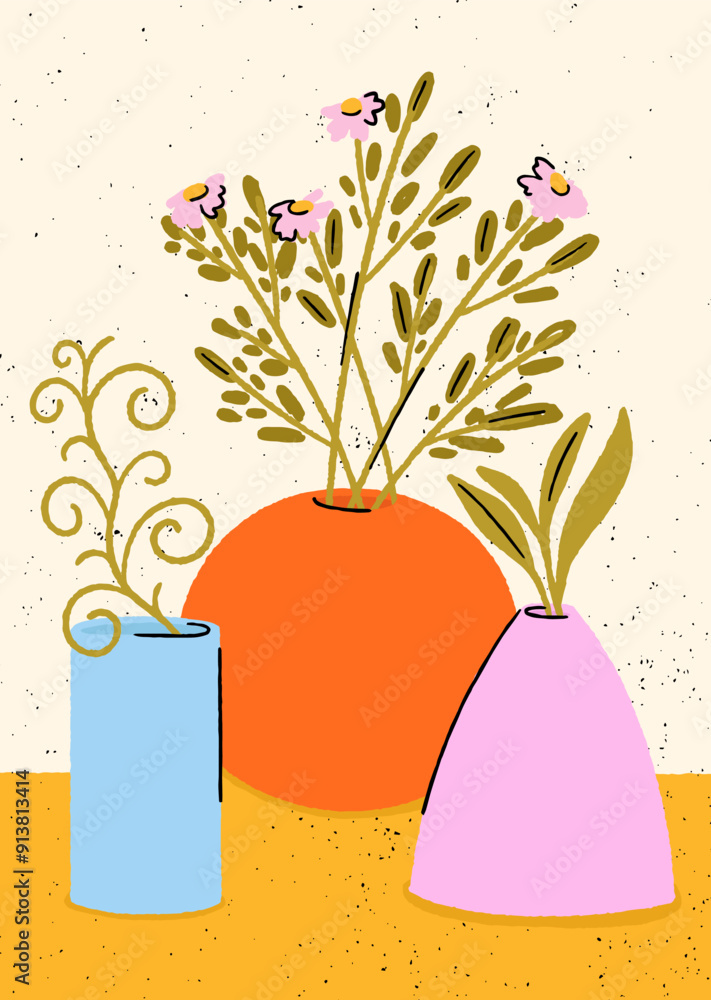 Hand drawn composition with vases and florals.Design for greeting cards, posters, banners, print invitations. Hand drawn composition with vases and florals.Design for greeting cards, posters, banners, print invitations.