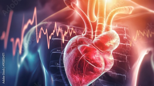 Medical illustration of a human heart with surrounding arteries, highlighted in vibrant colors, showing detailed anatomy and heart activity. Ideal for educational, medical, and scientific purposes.