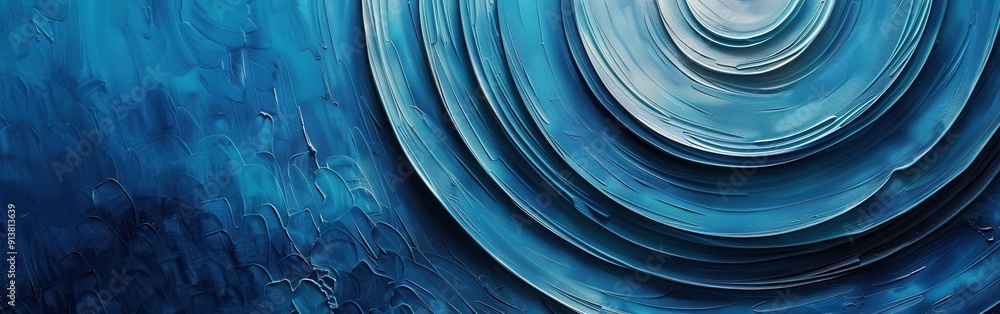 A close-up of an abstract painting featuring concentric circles in shades of blue and white. The paint appears thick and textured, creating a sense of depth and dimension. The circles are partially vi A close-up of an abstract painting featuring concentric circles in shades of blue and white. The paint appears thick and textured, creating a sense of depth and dimension. The circles are partially vi
