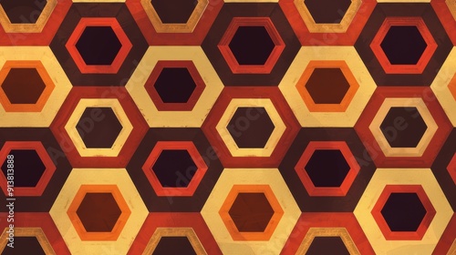 Wallpaper Mural A close-up shot of a retro wall covered in repeating, multi-colored hexagons. The pattern features shades of red, orange, yellow, brown, and black. The hexagons are layered on top of each other, creat Torontodigital.ca