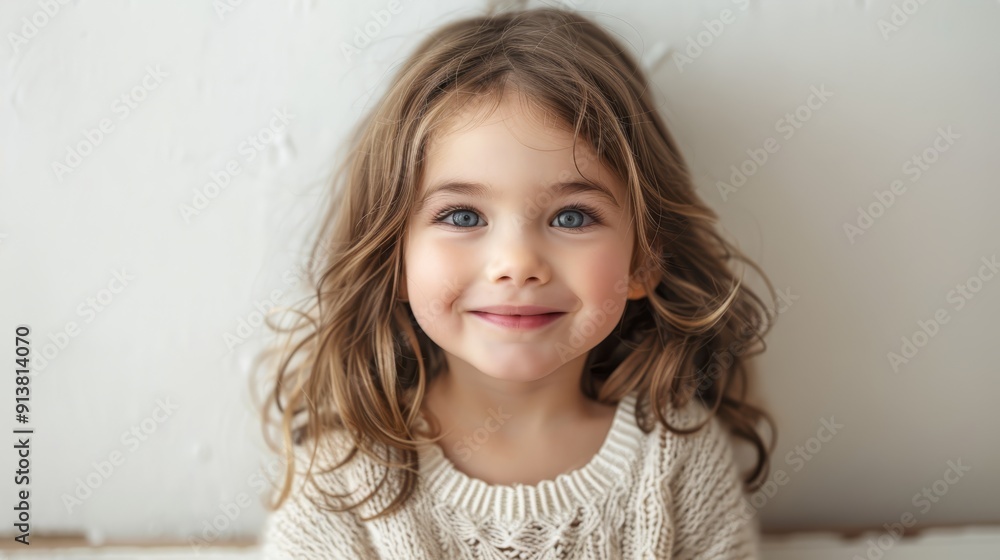 Naklejka premium A child's smiling face, closely framed White wall behind