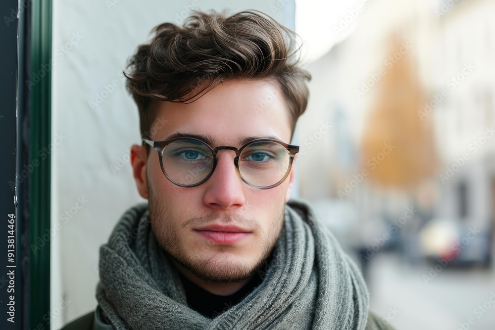 Close-up of a stylish young man with eyeglasses and a warm scarf on a city street Close-up of a stylish young man with eyeglasses and a warm scarf on a city street