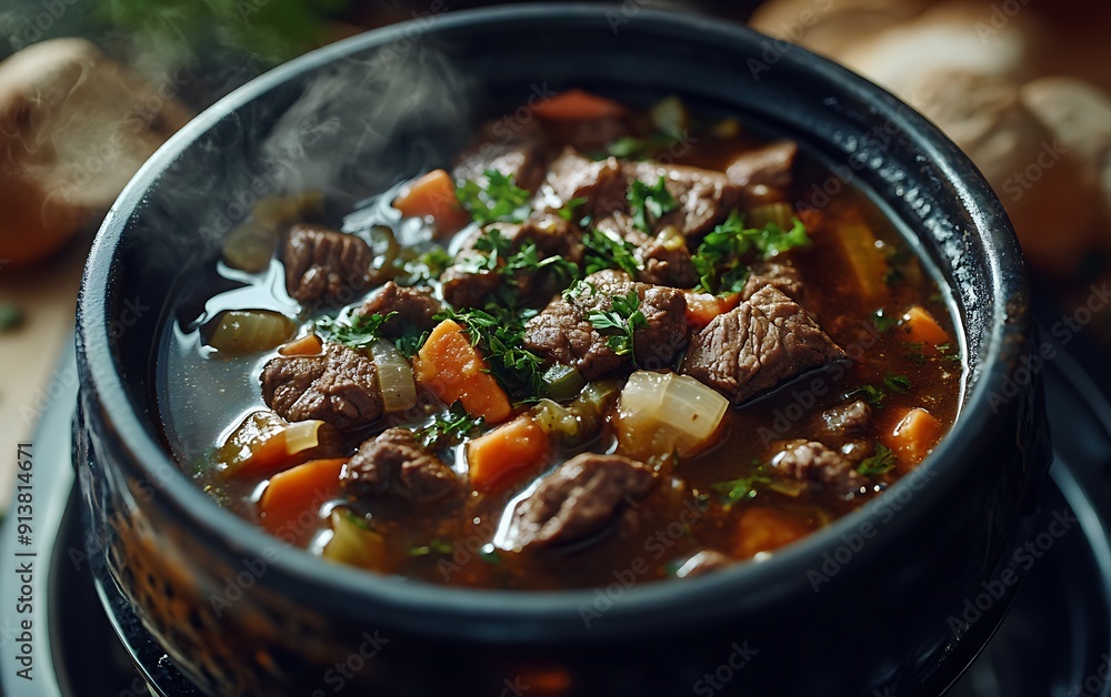Macro Shot of Beef Stew with Hearty Ingredients and Deep Colors for Advertising Macro Shot of Beef Stew with Hearty Ingredients and Deep Colors for Advertising