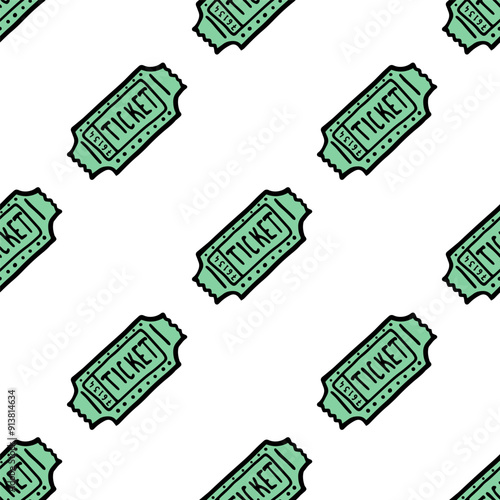 Retro ticket seamless pattern.  Vintage green ticket in doodle style. 