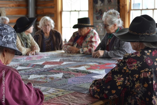 Pioneer Women Gather for Quilting Bee in Cozy Log Cabin, Celebrating Community and Tradition photo