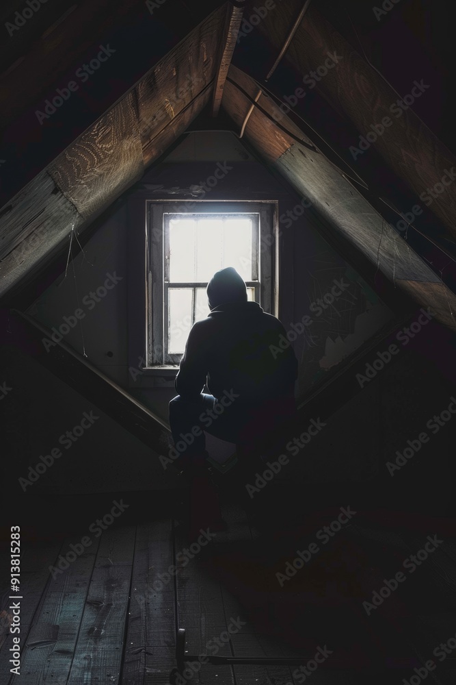 Tense Moment with a Hooded Robber Hiding in a Dark Attic with Dusty Window Light Tense Moment with a Hooded Robber Hiding in a Dark Attic with Dusty Window Light