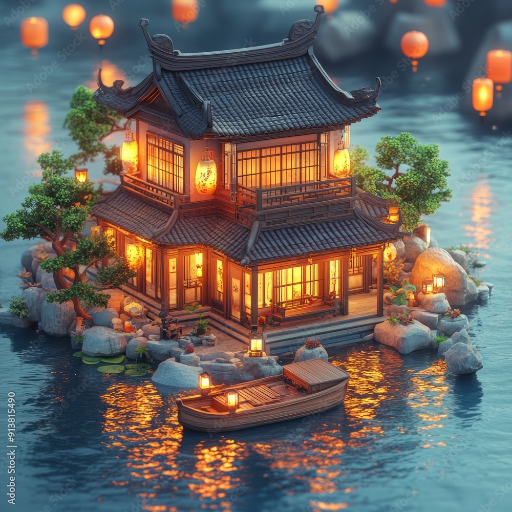 Obraz premium 3D isometric icon, a Chinese and Japanese house, building stands by the lake, wooden boat