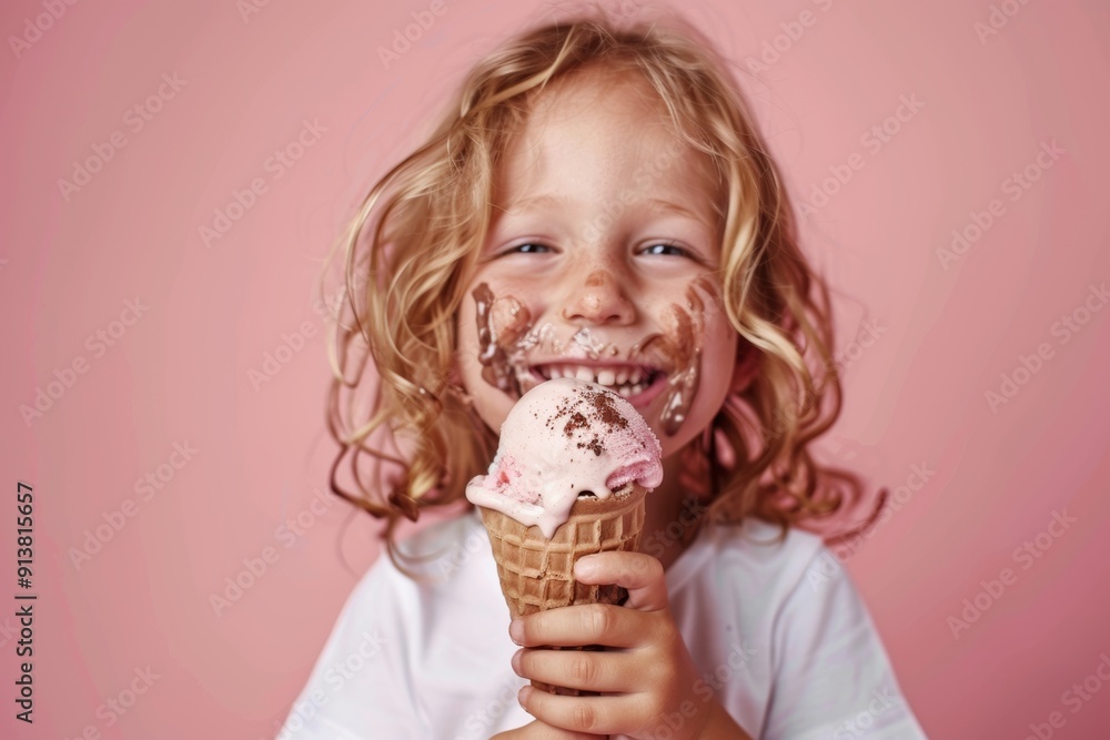 Gleeful child long blond hair capturing essence of happiness. A child finds happiness in every lick of ice cream.  Vibrant energy of youth reflected delightful expression.