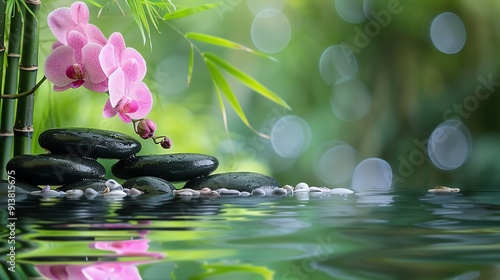 Serene spa scene with bamboo, flowing water, pink orchid, and smooth stones, vibrant green background, soft bokeh, closeup