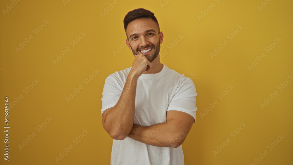 Handsome young hispanic man with a beard smiling confidently in a white shirt over an isolated yellow background wall. Handsome young hispanic man with a beard smiling confidently in a white shirt over an isolated yellow background wall.