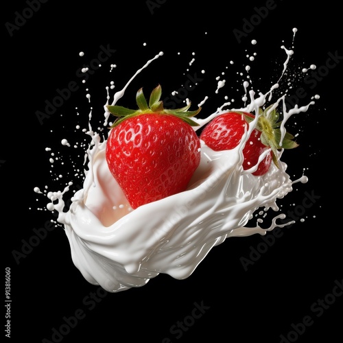 Whipped cream, a strawberry falling onto it from above, splash, isolated on a white background