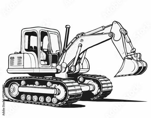 Cartoon excavator digger crawler wheels vehicle equipment machine construction site. Only black and white for coloring page, children