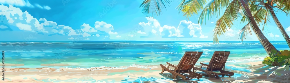 Tropical beach with two lounge chairs, clear blue water, palm trees, bright sunlight, panoramic view, relaxing scene Tropical beach with two lounge chairs, clear blue water, palm trees, bright sunlight, panoramic view, relaxing scene
