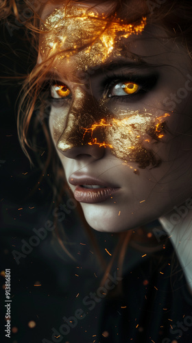 Portrait of a woman with fiery eyes and face adorned with golden flames and sparkles, evoking a sense of mysticism.