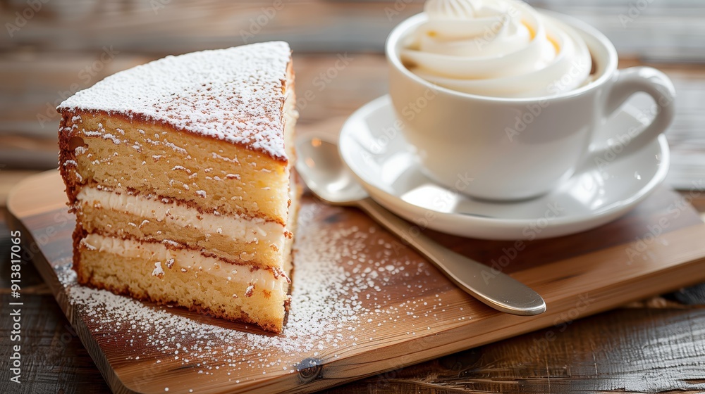 Cappuccino and victoria sponge cake on a wooden tabl Cappuccino and victoria sponge cake on a wooden tabl