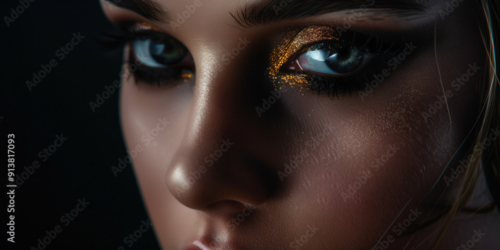 Extreme close-up of a woman's eye with glittery gold and black makeup, showing detailed texture and captivating gaze. Extreme close-up of a woman's eye with glittery gold and black makeup, showing detailed texture and captivating gaze.