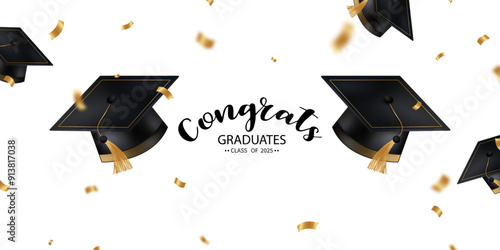 graduation design background realistic graduation hat Golden confetti congratulations to the graduates Vector illustration