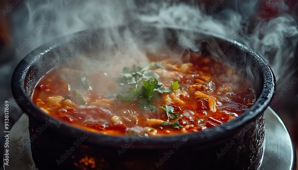 Macro Shot of Spicy Soup with Rich Colors and Steam Rising for Advertising Macro Shot of Spicy Soup with Rich Colors and Steam Rising for Advertising