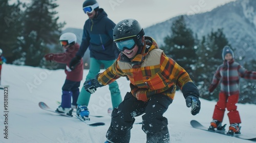 Wallpaper Mural A group of children snowboards down a snowy mountain slope, laughing and having fun in the winter sun Torontodigital.ca
